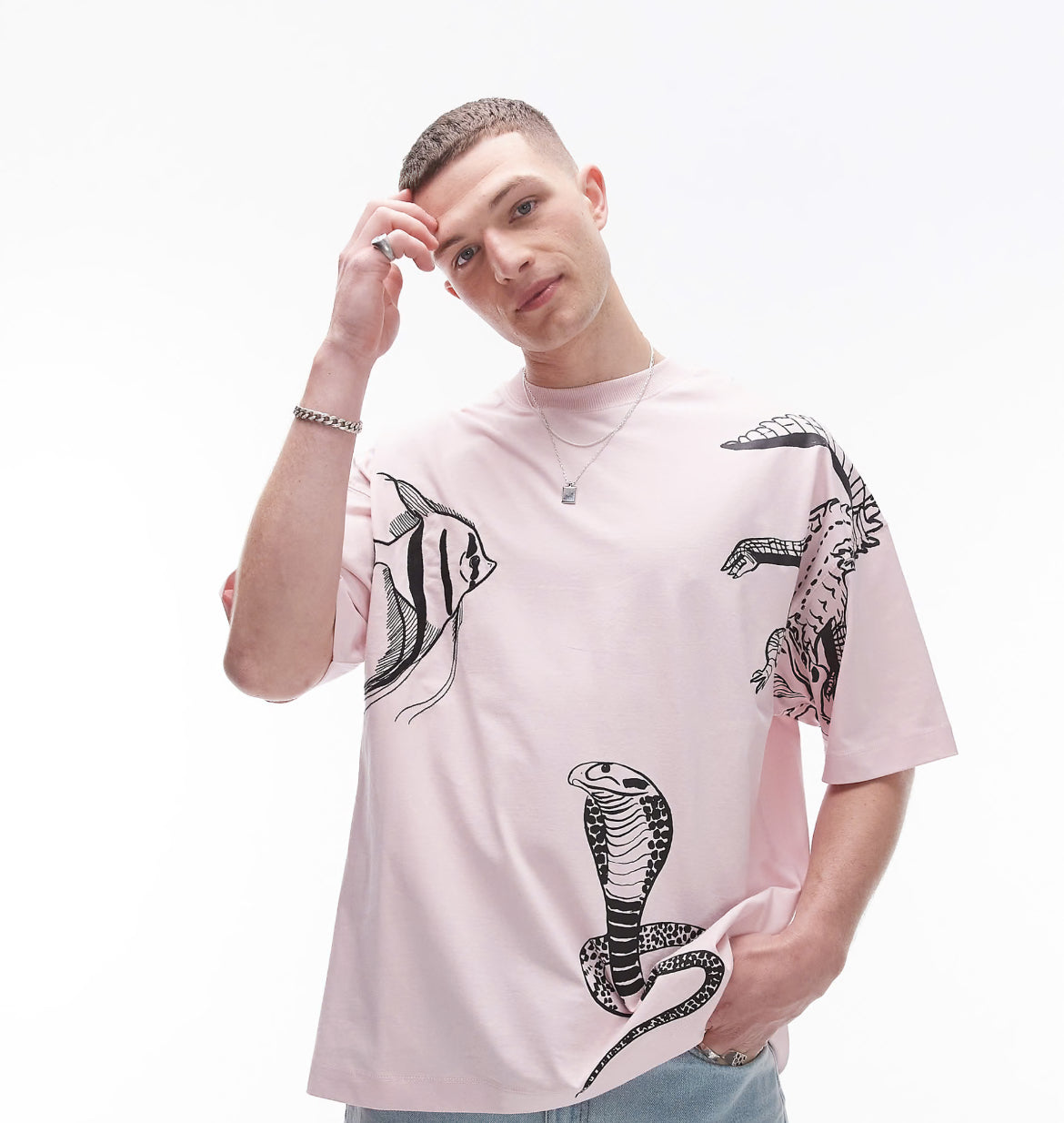 Topman extreme oversized fit t-shirt with animal embroidery in pink