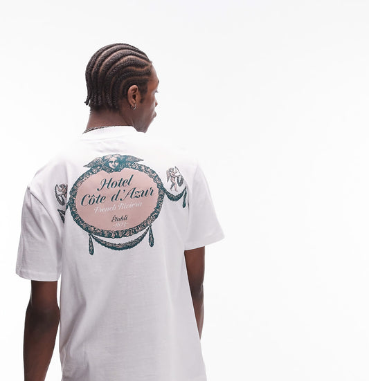 Topman oversized fit t-shirt with Hotel Cote D'Azur front and back print in white