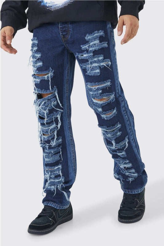 BoohooMan Relaxed Rigid Multi Rip Panelled Jean