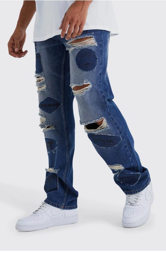 BOOHOOMAN RELAXED RIGID APPLIQUE RIPPED JEANS