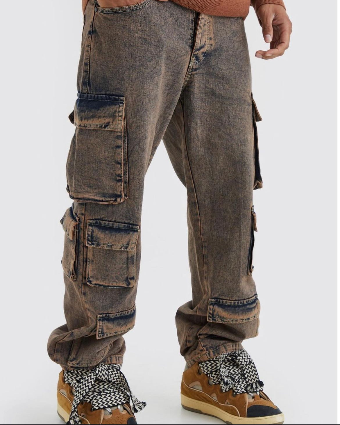 BOOHOOMAN BAGGY FIT ACID WASH CARGO JEANS