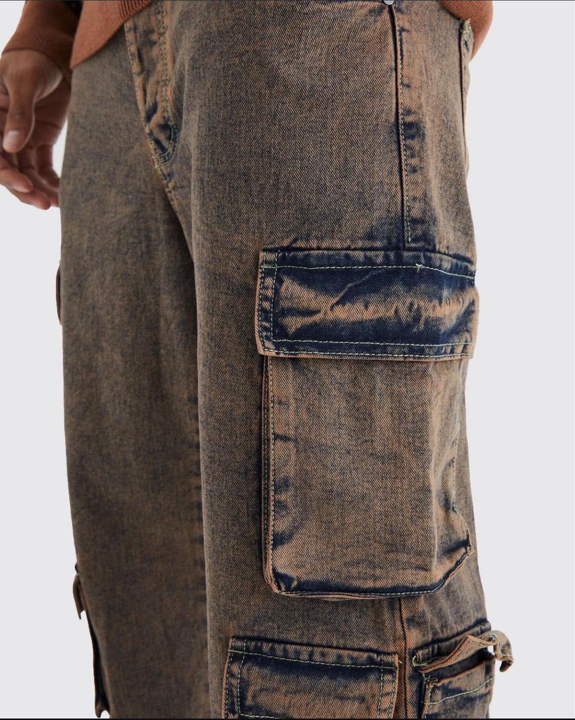 BOOHOOMAN BAGGY FIT ACID WASH CARGO JEANS