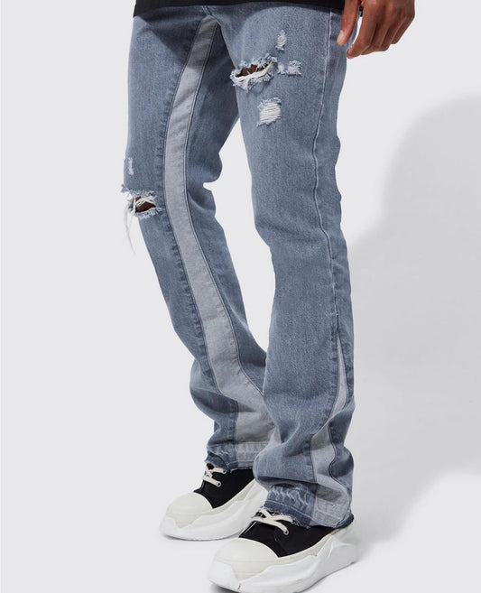 BoohooMan Slim Flare Distressed Panel Jeans