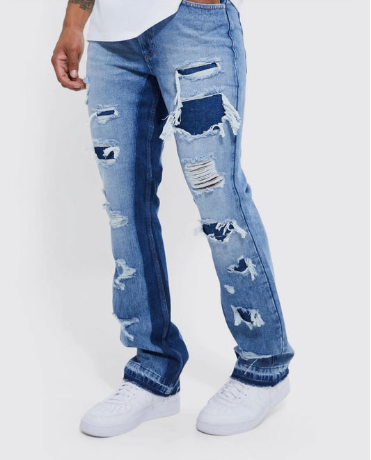 BoohooMan Slim Rigid Flare Panelled Ripped Jeans