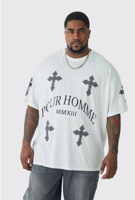 BoohooMan Plus Pour Homme Cross Printed T-shirt In White