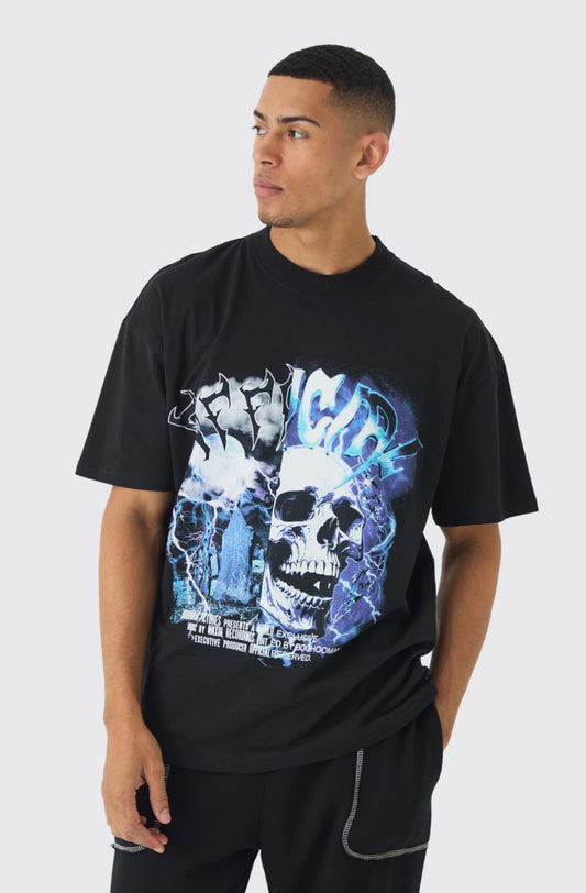 BoohooMan Oversized Extended Neck Gothic Print T-Shirt