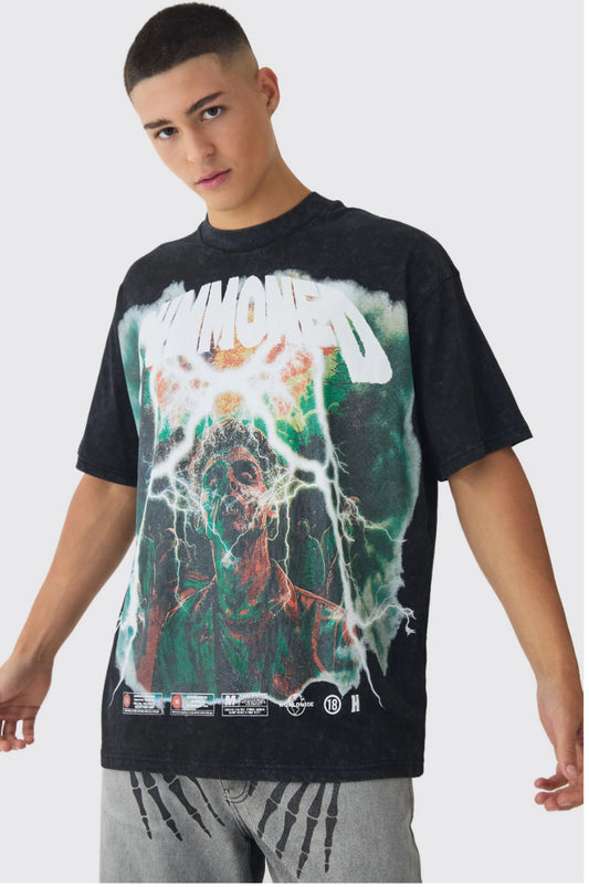 BoohooMan Halloween Oversized Extended Neck Large Scale Summoned Print Acid Wash T-Shirt