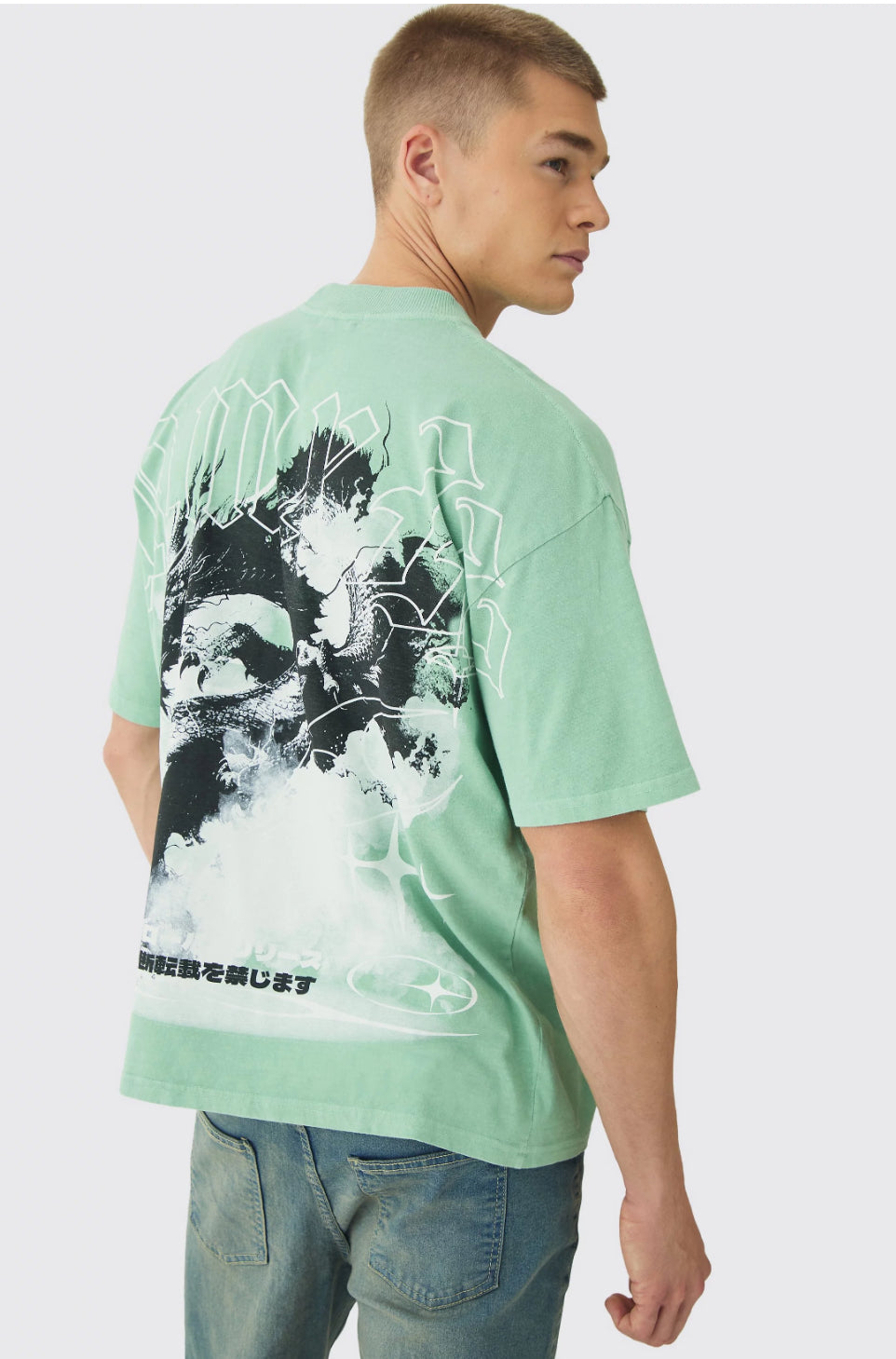 BoohooMan Oversized Over Seams Extended Neck Dragon Wash Print T-Shirt