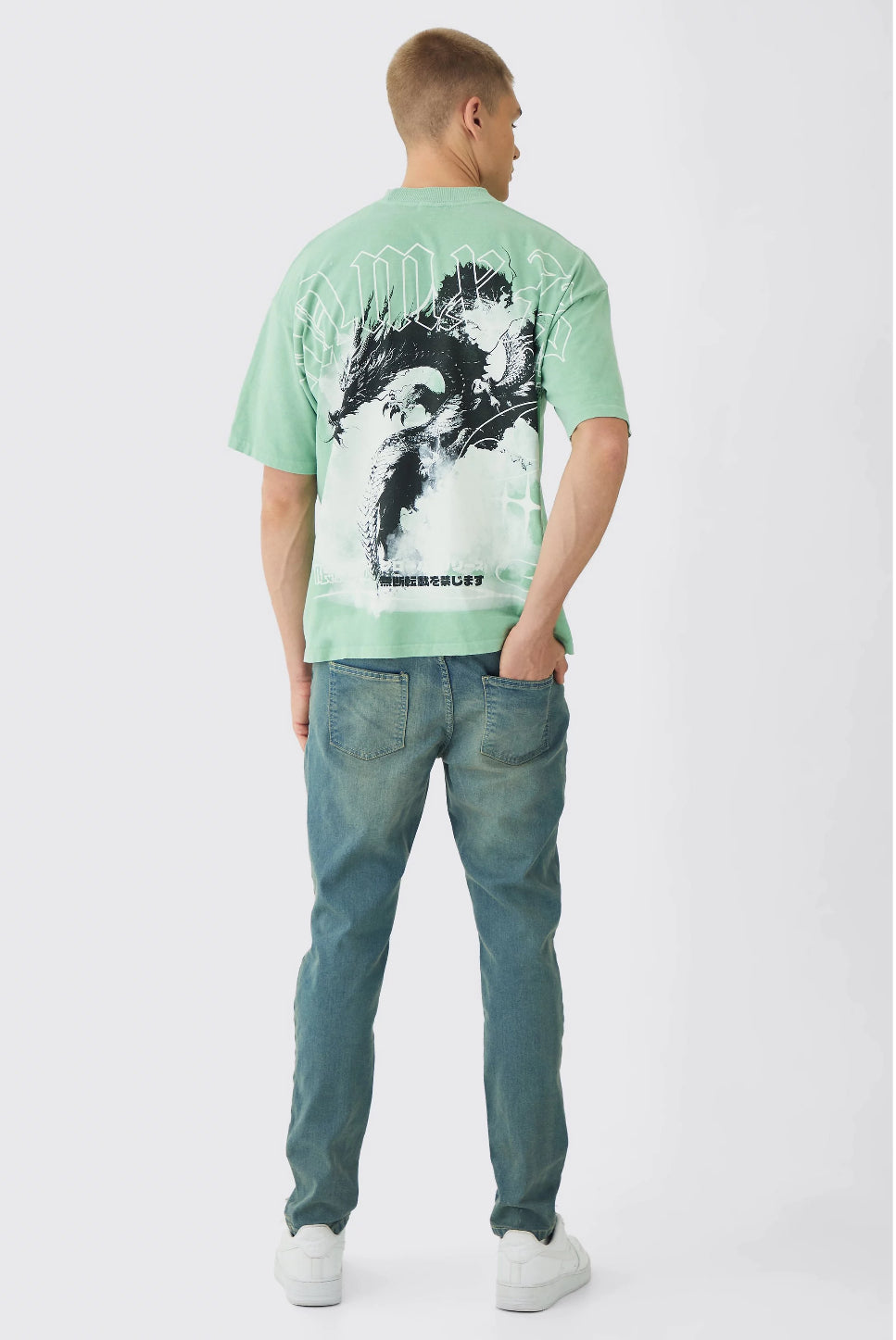 BoohooMan Oversized Over Seams Extended Neck Dragon Wash Print T-Shirt