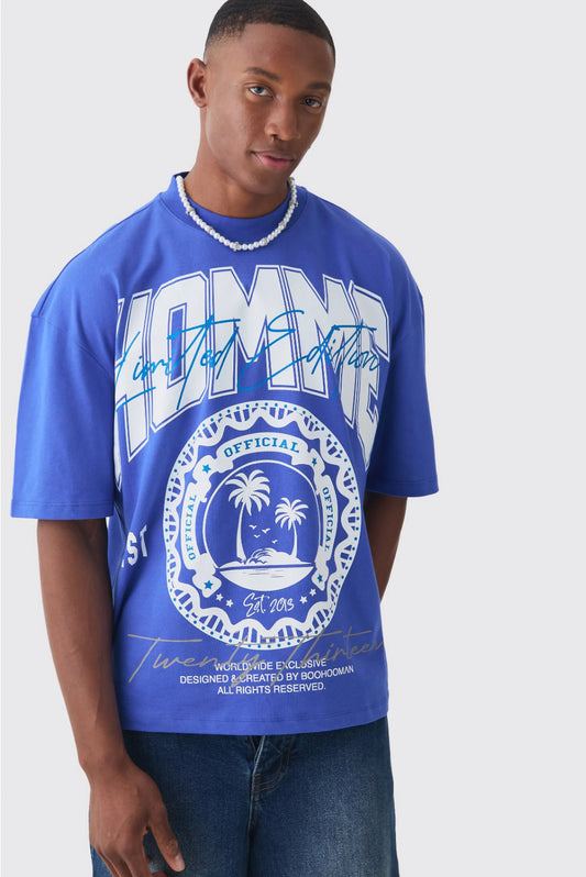 BoohooMan Oversized Boxy Extended Neck Homme Palm Tree T-shirt
