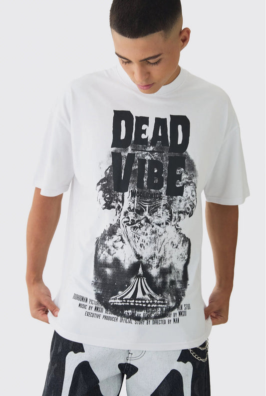 BoohooMan Oversized Extended Neck Dead Vibe Print T-Shirt