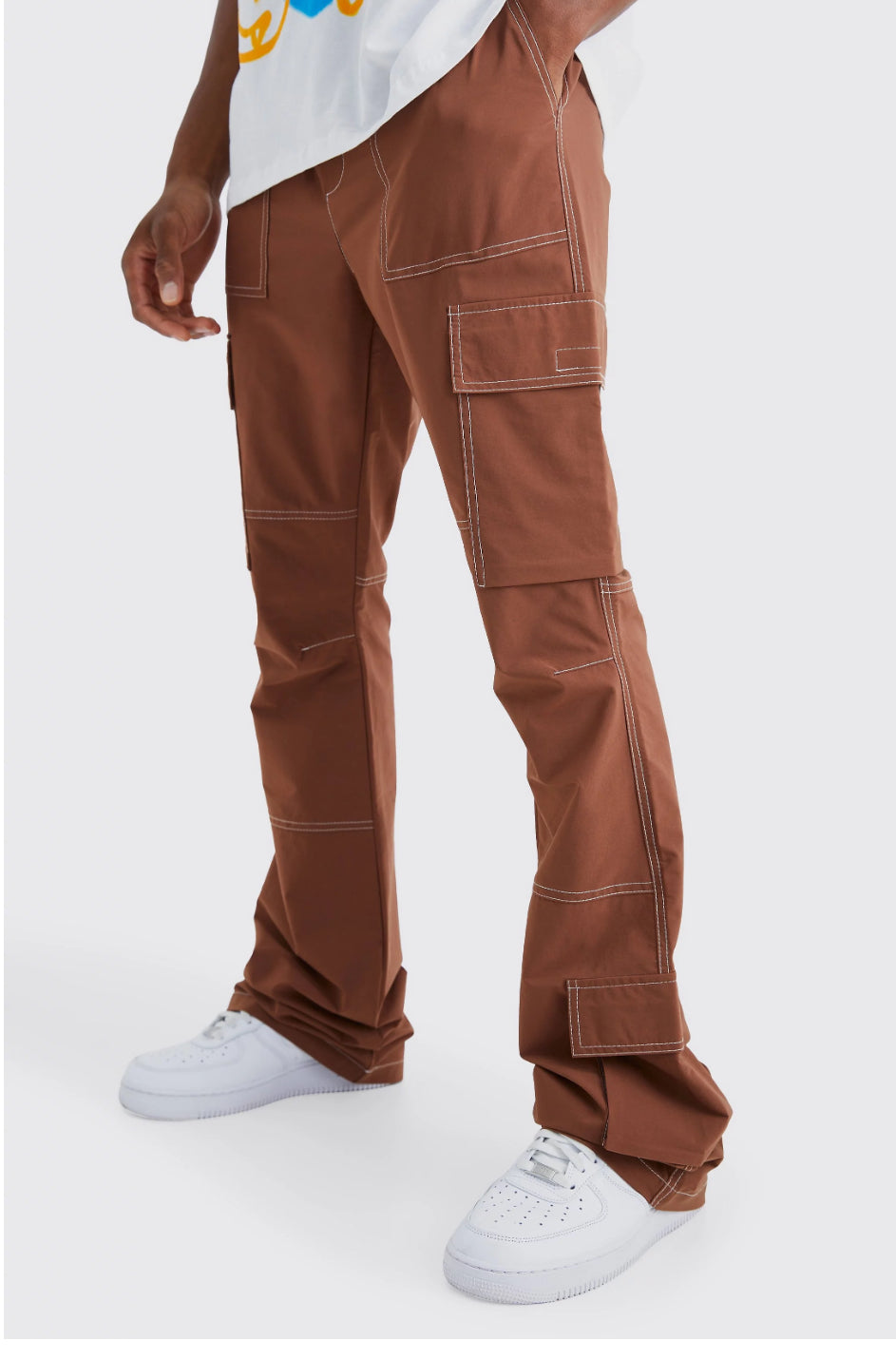 Elasticated Waist Slim Flare Contrast Stitch Cargo Trouser