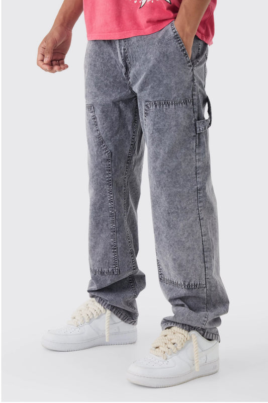 BoohooMan  Fixed Waist Relaxed Oil Wash Carpenter Trousers