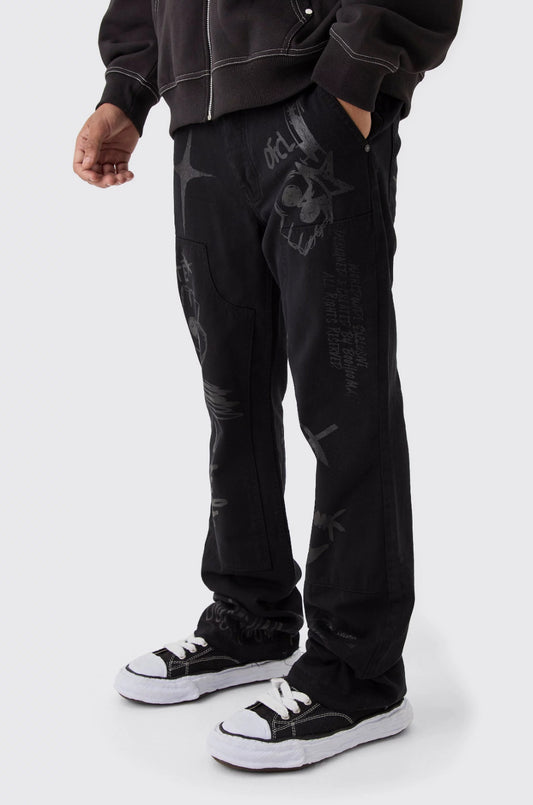 BoohooMan Fixed Waist Slim Flare Twill Laser Printed Carpenter Trousers