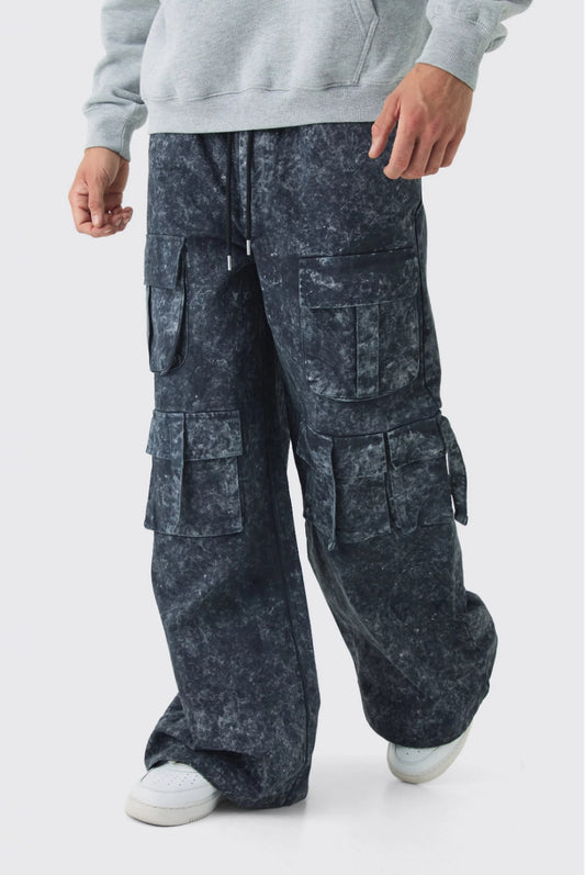 BoohooMan  Elasticated Waist Extreme Baggy Heavyweight Washed Multi Cargo Trousers