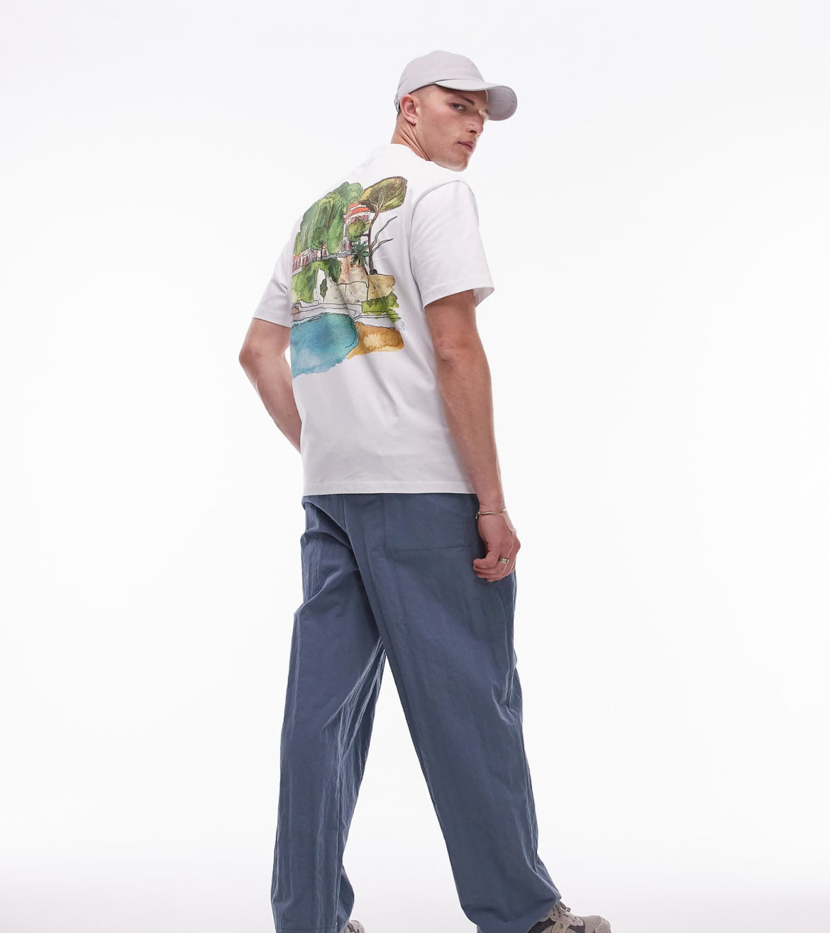 Topman oversized fit t-shirt with watercolour riviera front and back print in white