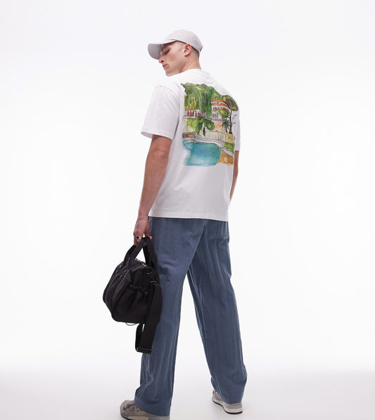 Topman oversized fit t-shirt with watercolour riviera front and back print in white