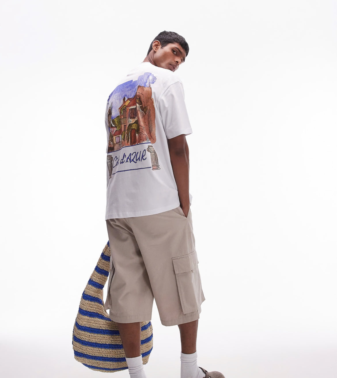 Topman oversized fit t-shirt with watercolour Cote D'Azur front and back print in white