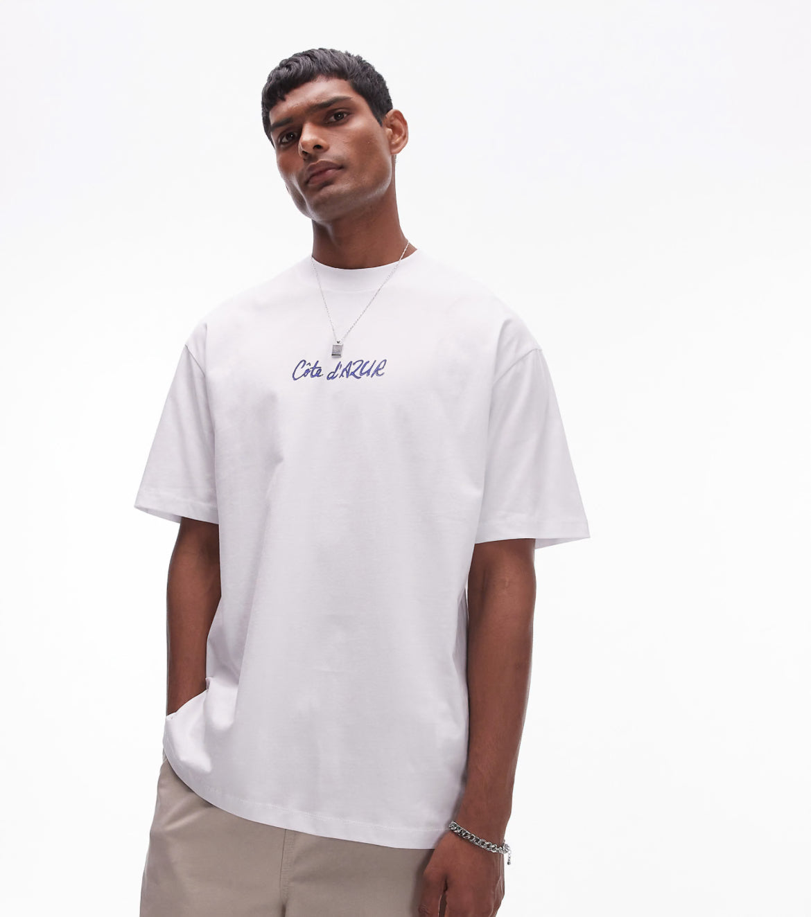 Topman oversized fit t-shirt with watercolour Cote D'Azur front and back print in white