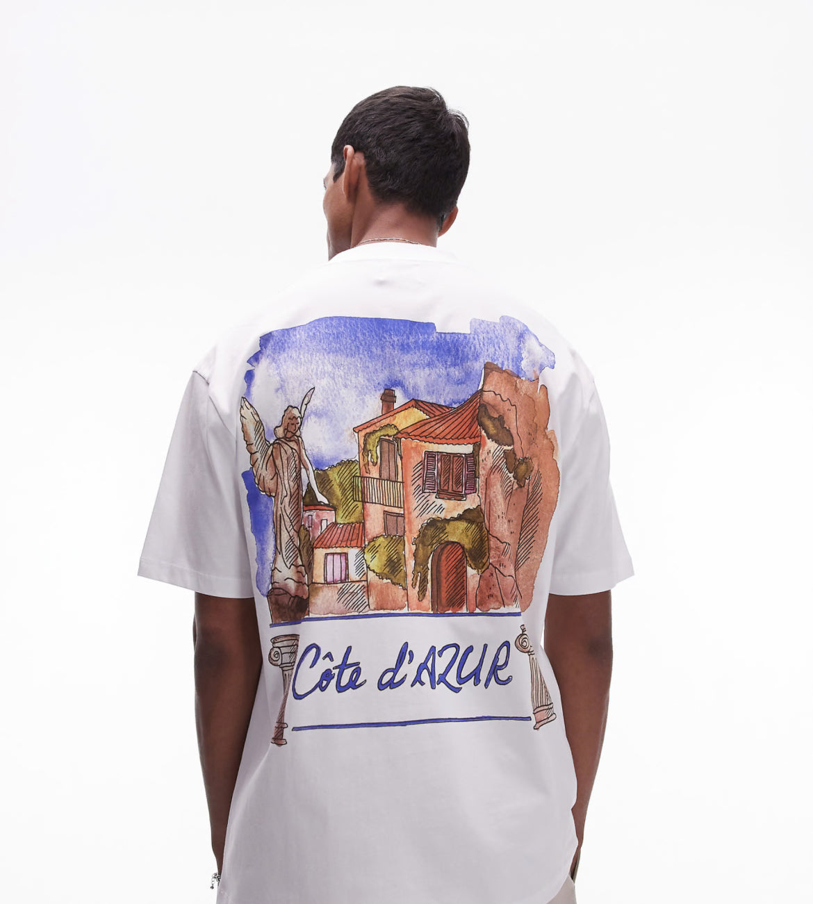 Topman oversized fit t-shirt with watercolour Cote D'Azur front and back print in white