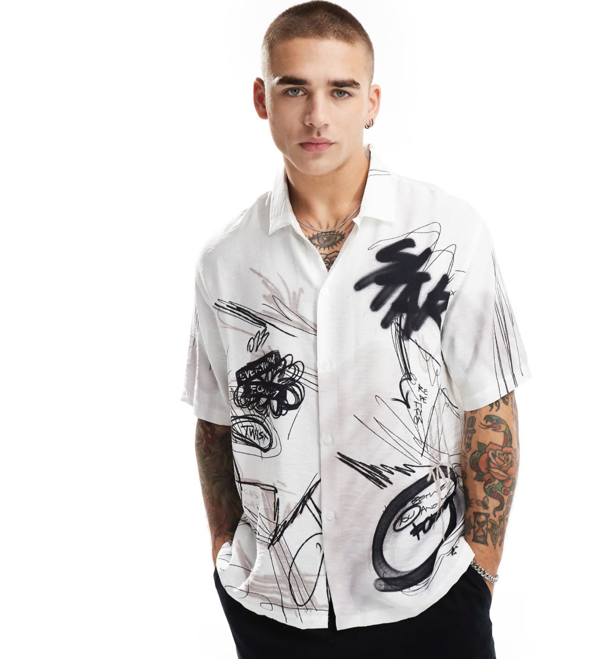 Bershka scrible printed shirt in white