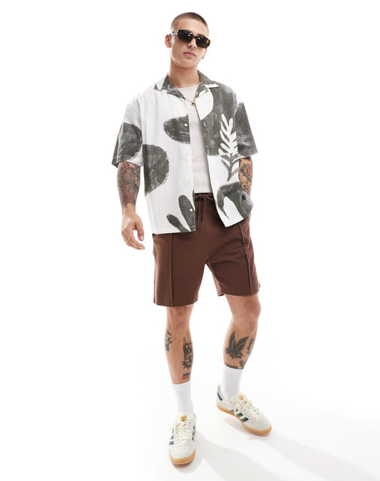 Pull&bear abstract palm print shirt in white and khaki