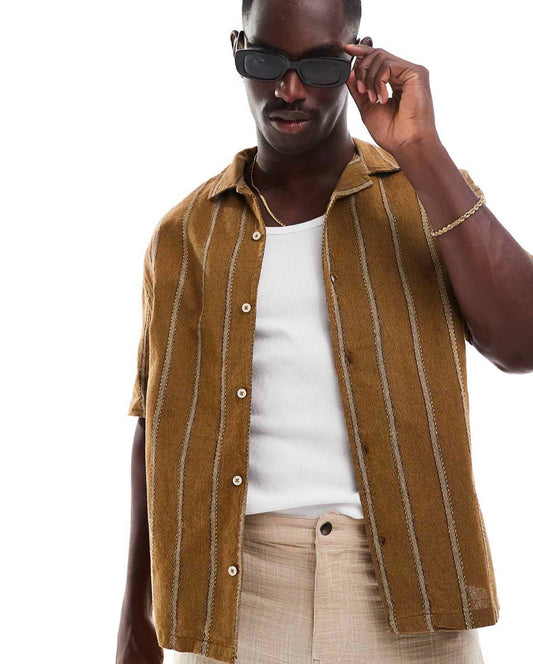 Pull&bear short sleeve striped shirt in khaki