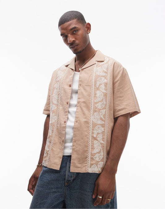Topman short sleeve relaxed embroidered paisley shirt in stone