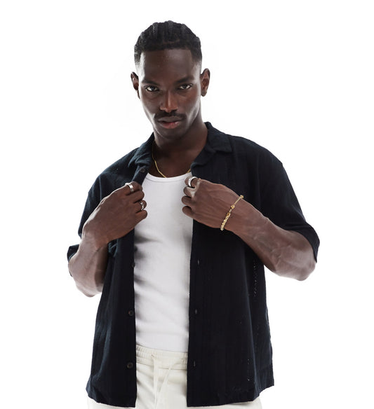 Pull&bear short sleeve textured shirt in black