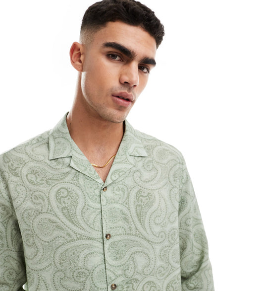 ASOS DESIGN boxy relaxed revere shirt with paisley print in sage