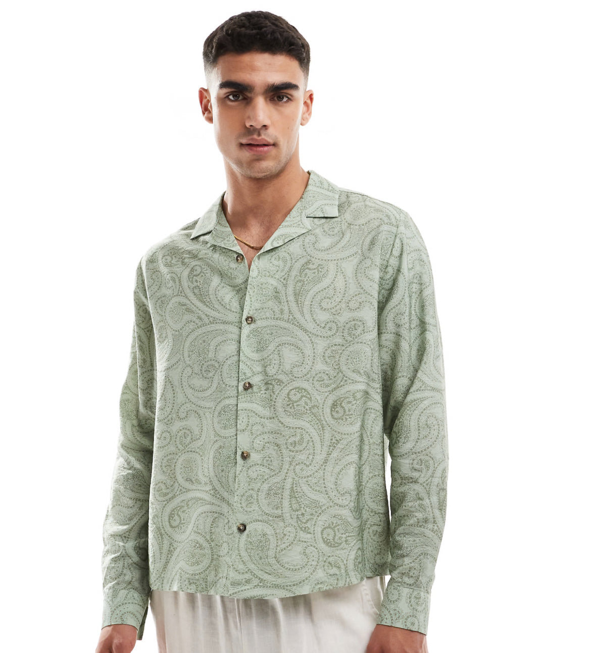 ASOS DESIGN boxy relaxed revere shirt with paisley print in sage