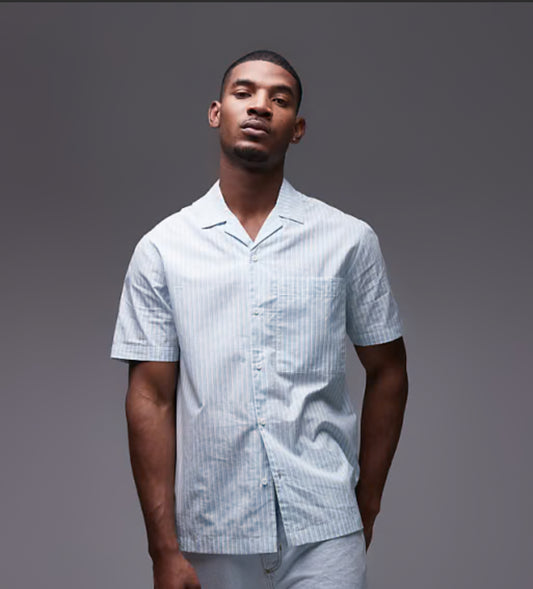 Topman short sleeve boxy striped shirt in light blue