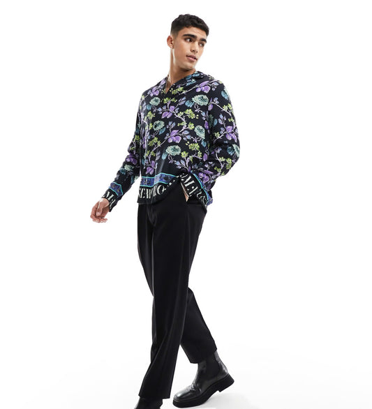 ASOS DESIGN relaxed revere shirt in black floral text print