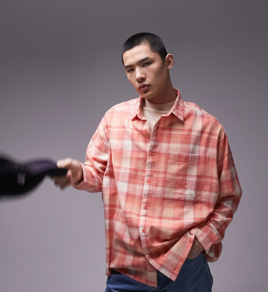 Topman long sleeve relaxed check shirt in pink