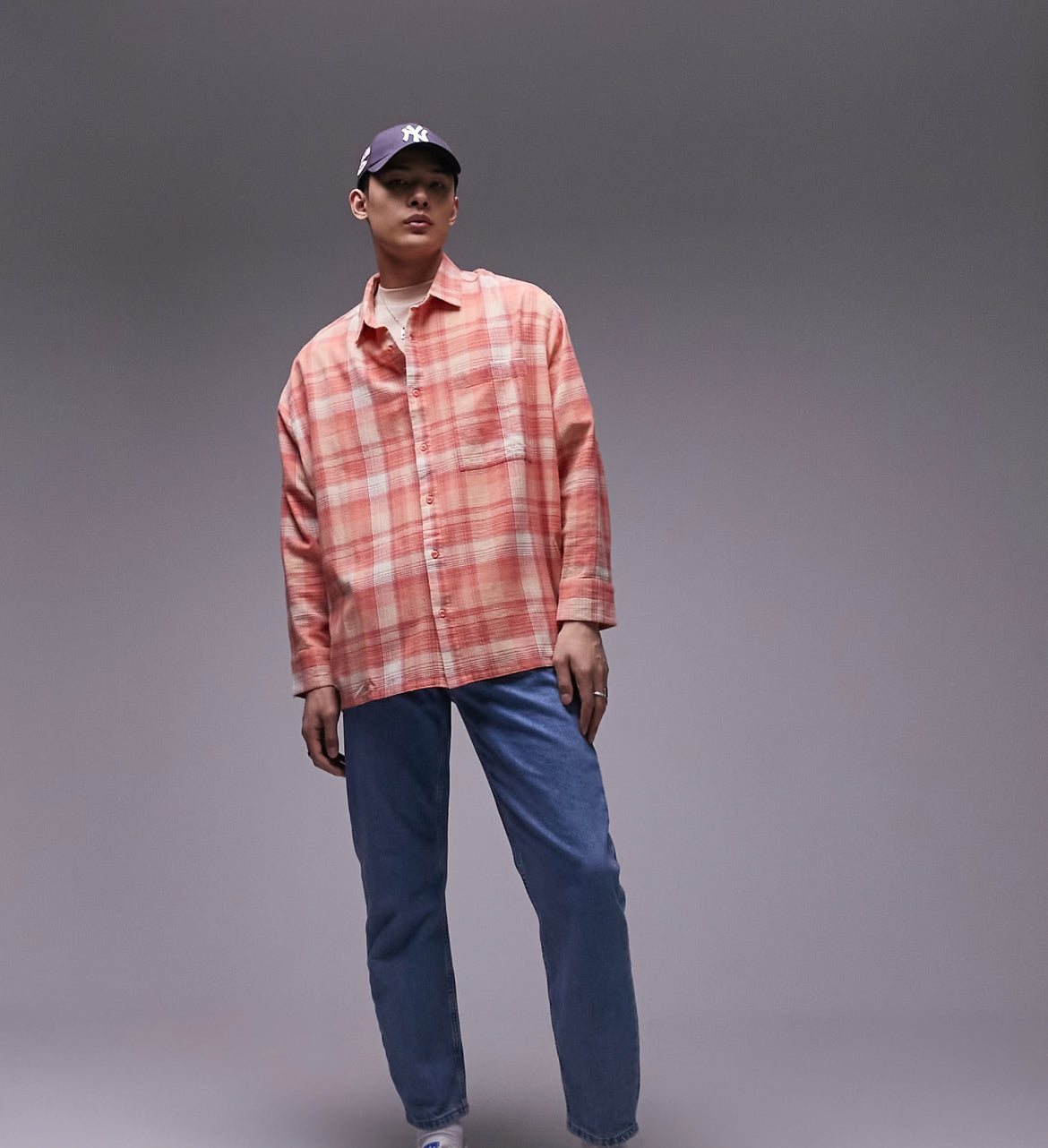 Topman long sleeve relaxed check shirt in pink
