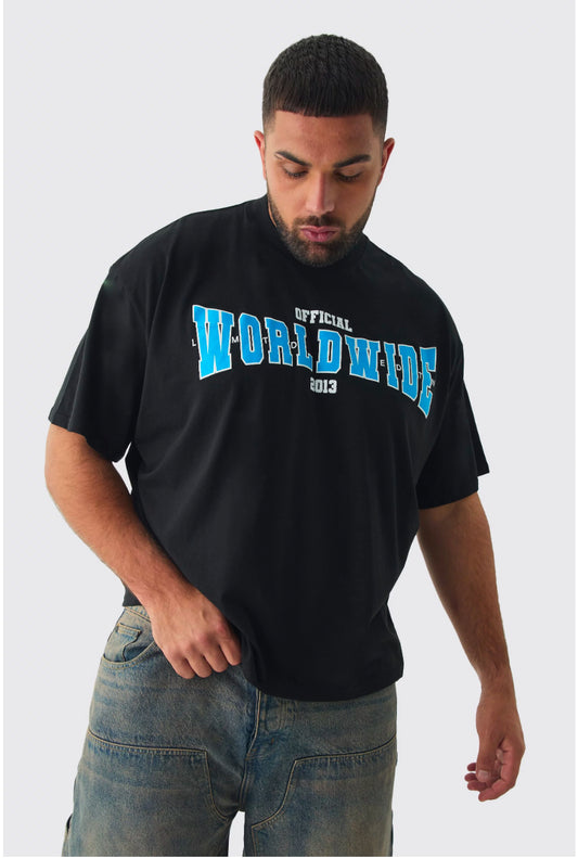 BoohooMan  Plus Oversized Extended Neck Boxy Worldwide Print T-Shirt