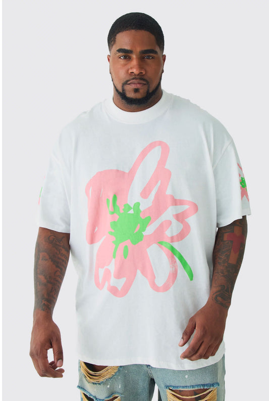 BoohooMan Plus Oversized Floral Doodle Print T-shirt