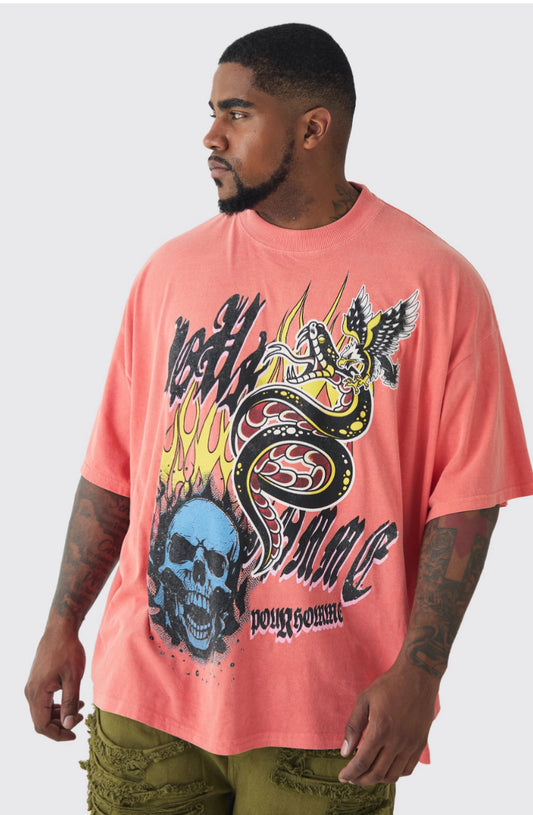 BoohooMan Plus Doodle Skull Homme Printed T-shirt In Coral