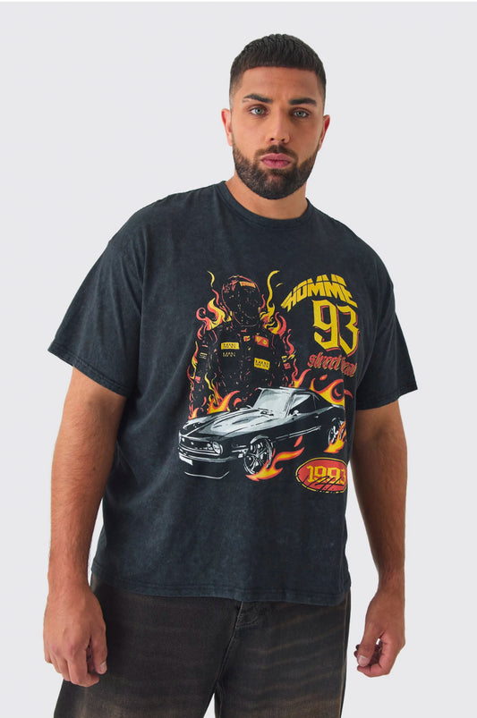 BoohooMan Plus Oversized Acid Washed Moto Print T-Shirt