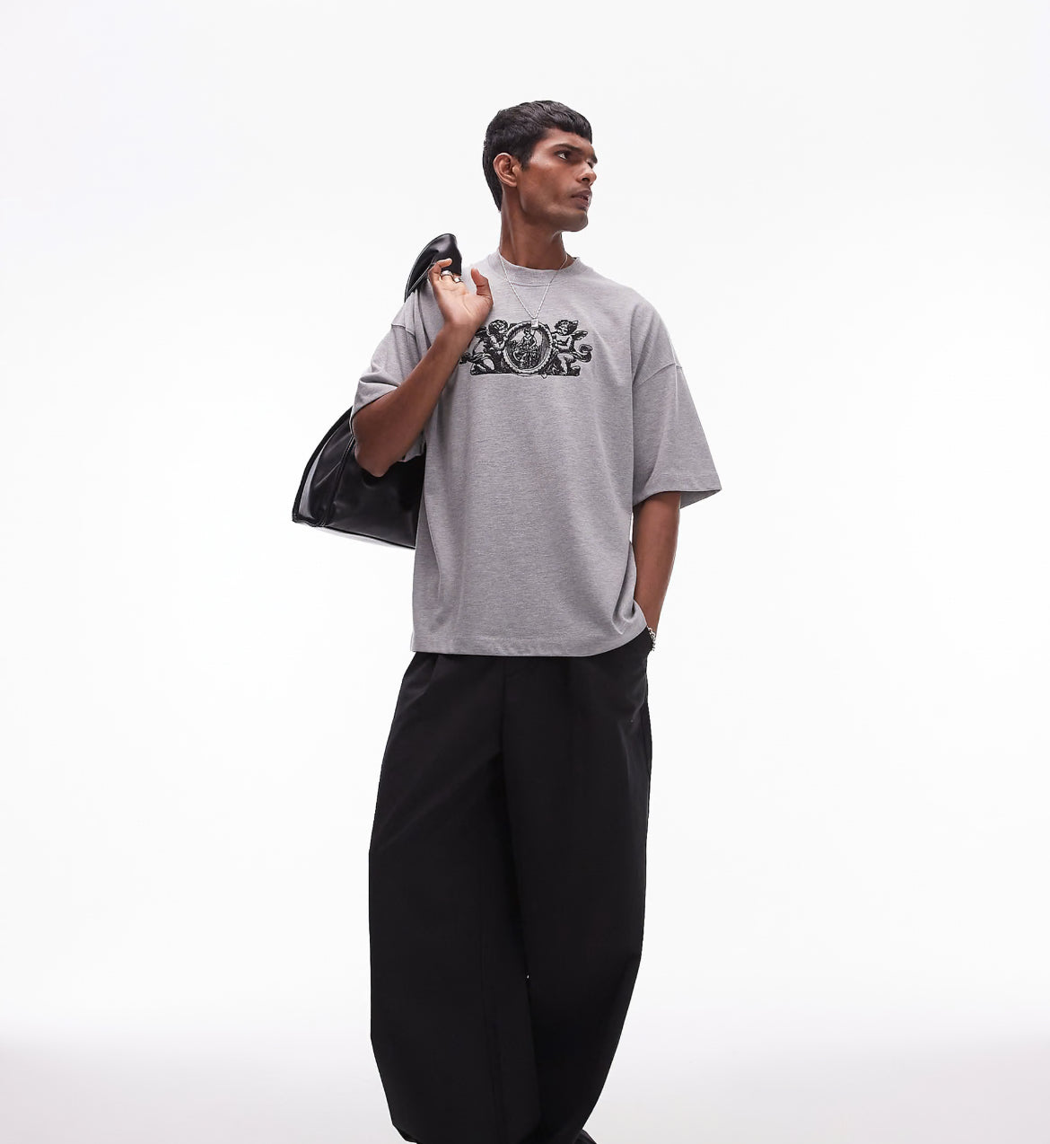 Topman premium extreme oversized fit t-shirt with cherub crest embroidery in grey marl