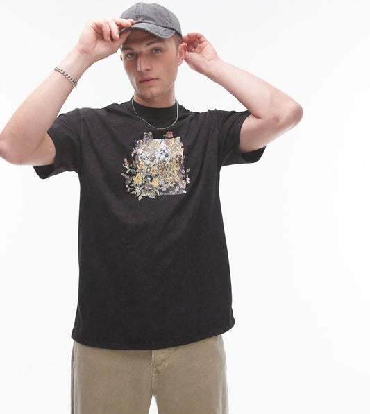 Topman oversized fit t-shirt with floral rock print in washed black