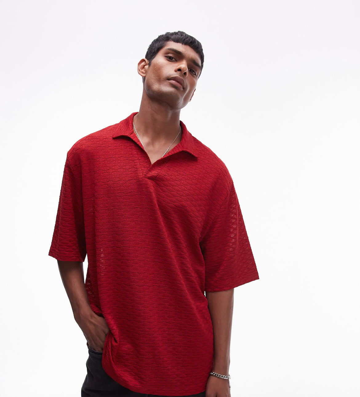 Topman short sleeve crochet shirt in red