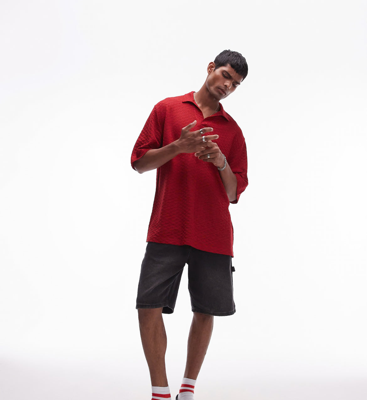 Topman short sleeve crochet shirt in red