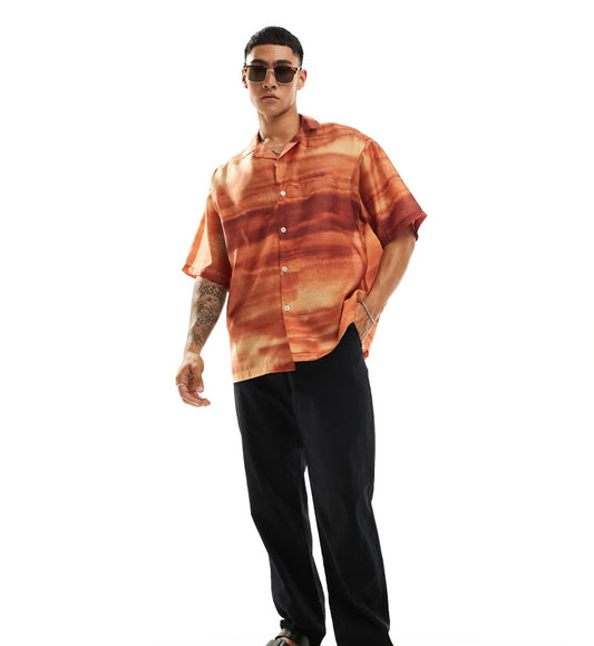 ASOS DESIGN oversized revere shirt in orange ombre print