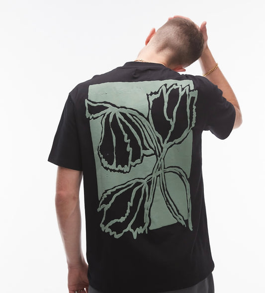 Topman oversized fit t-shirt with front and back painted floral print in black