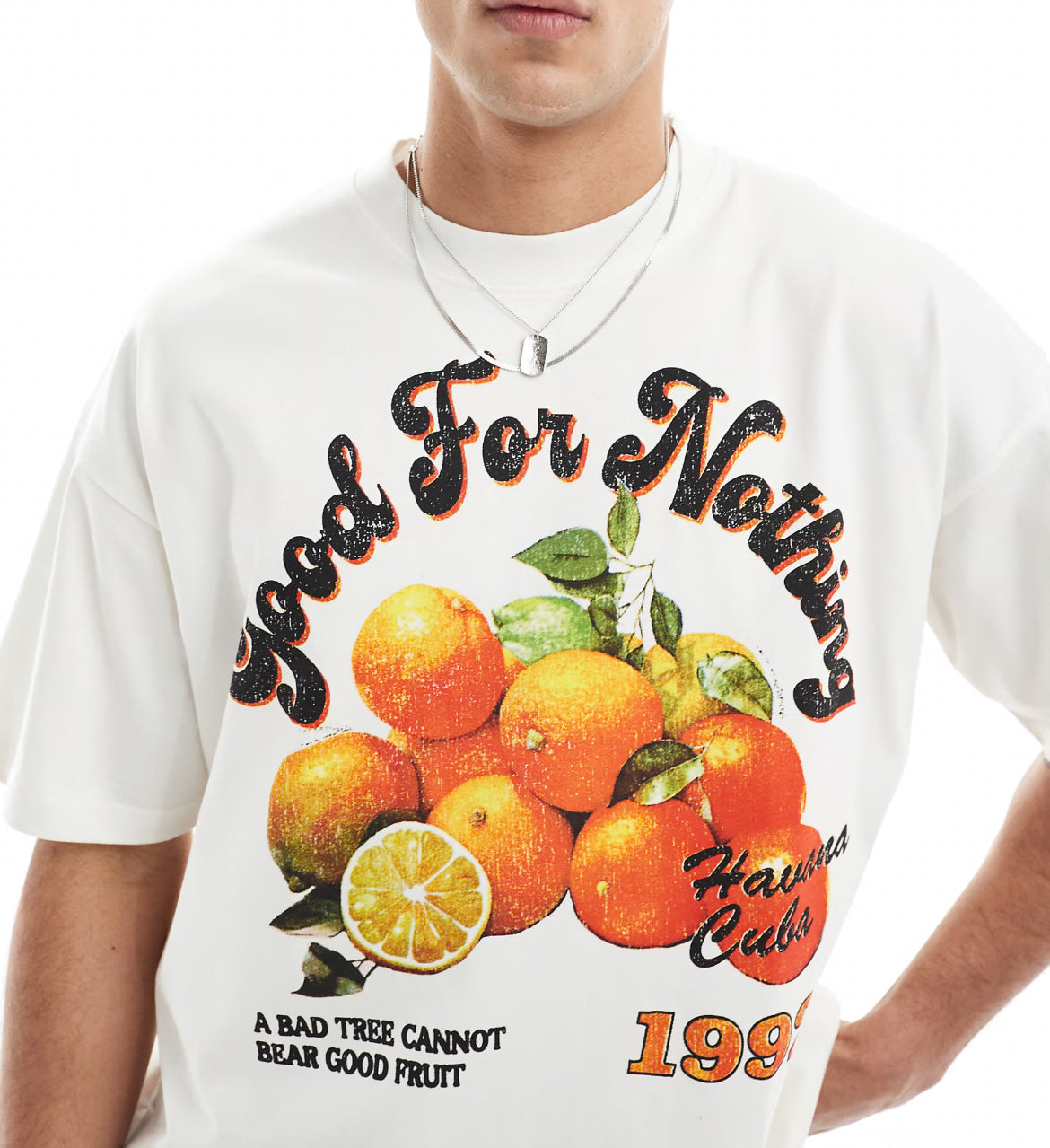 Good For Nothing orange graphic t-shirt in white