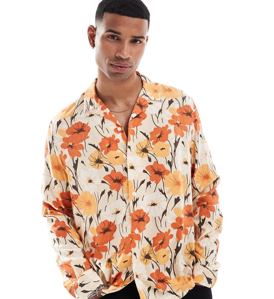 ASOS DESIGN relaxed revere shirt with retro floral print in orange