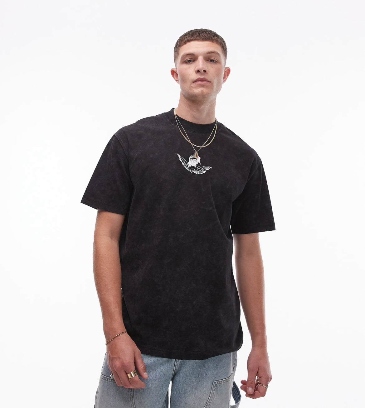 Topman extreme oversized fit t-shirt with angel front and back print in washed black