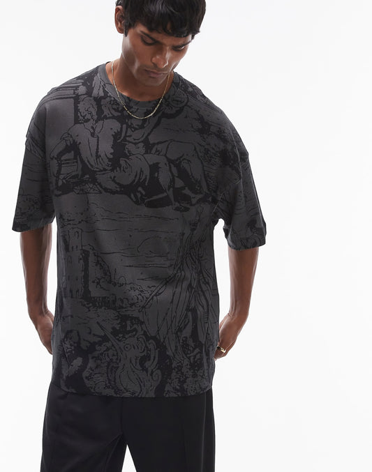 Topman premium heavyweight extreme oversized fit t-shirt with front and back medieval scene print in washed black