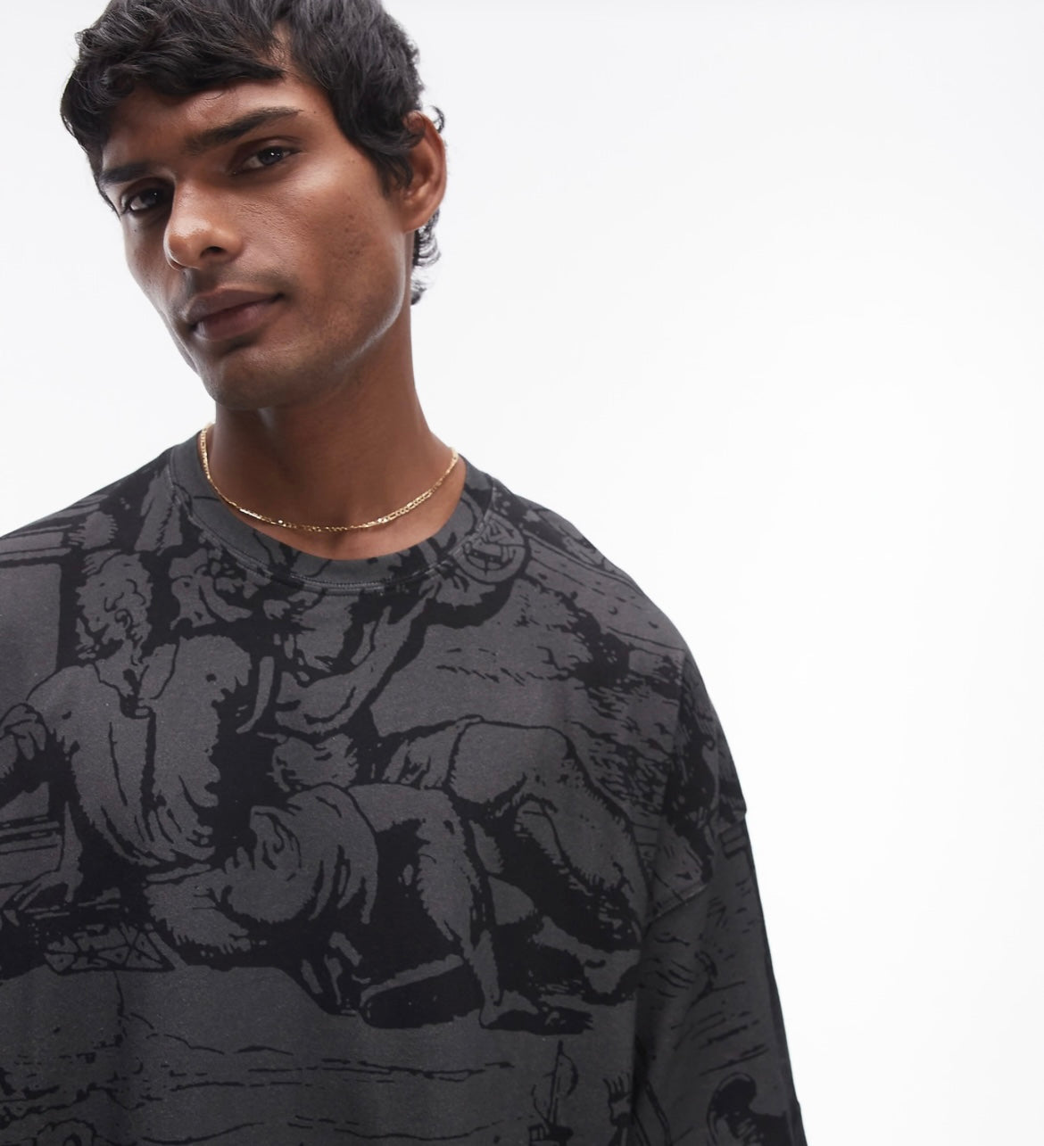 Topman premium heavyweight extreme oversized fit t-shirt with front and back medieval scene print in washed black